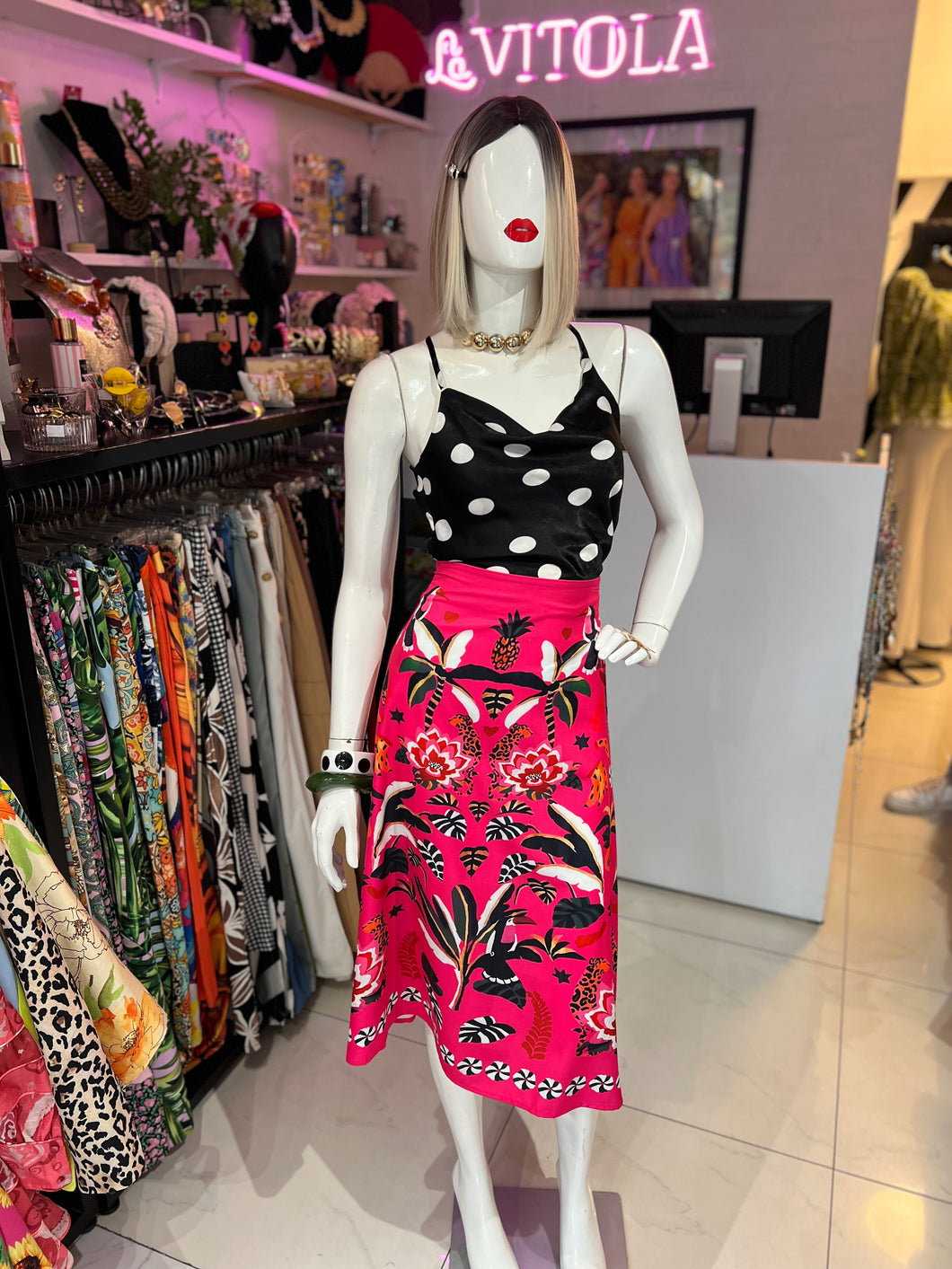 Falda rosa estampada