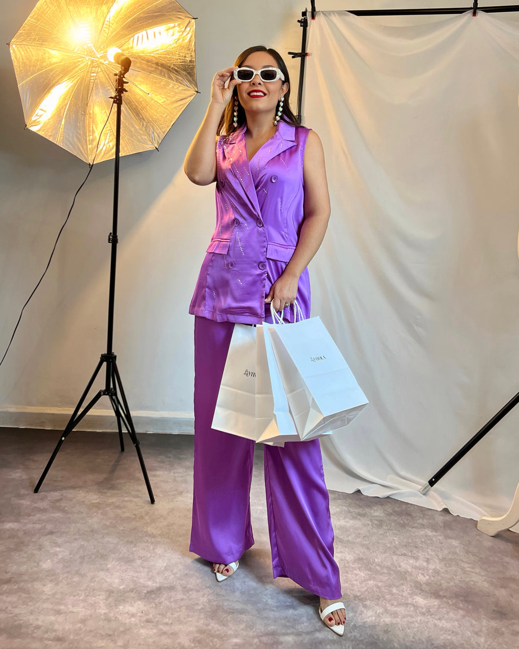 Set maxi chaleco & pantalón satén