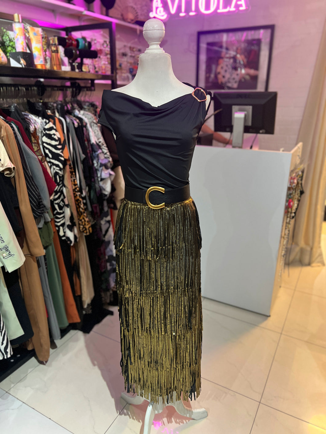 Falda flecos dorada metalica