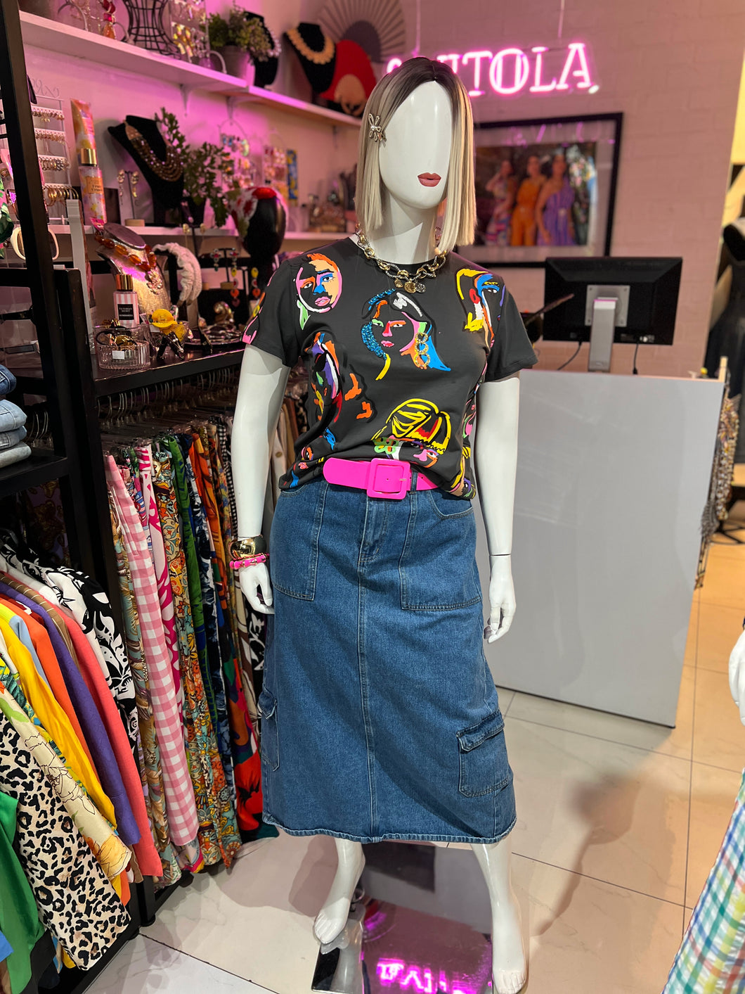 Falda midi denim cargo