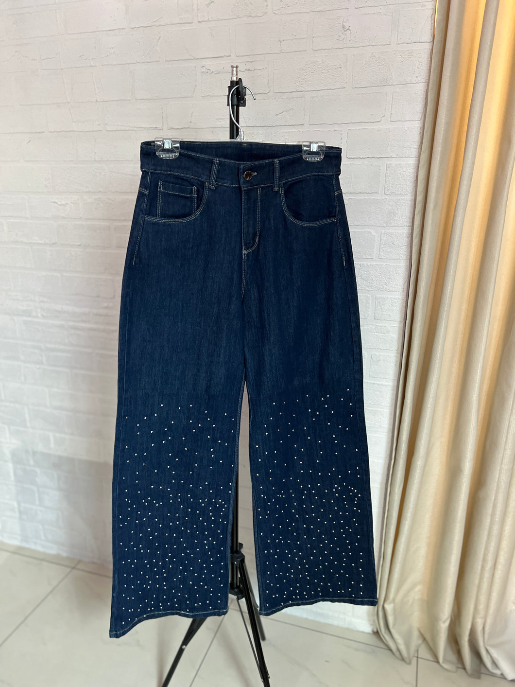 Pantalon ancho denim con cristales