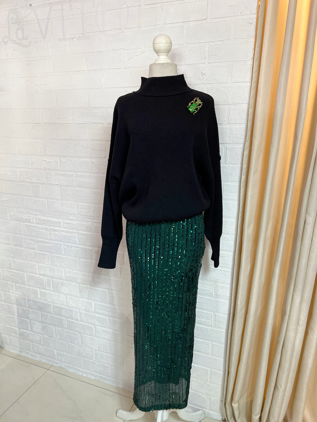 Falda lentejuela verde abertura