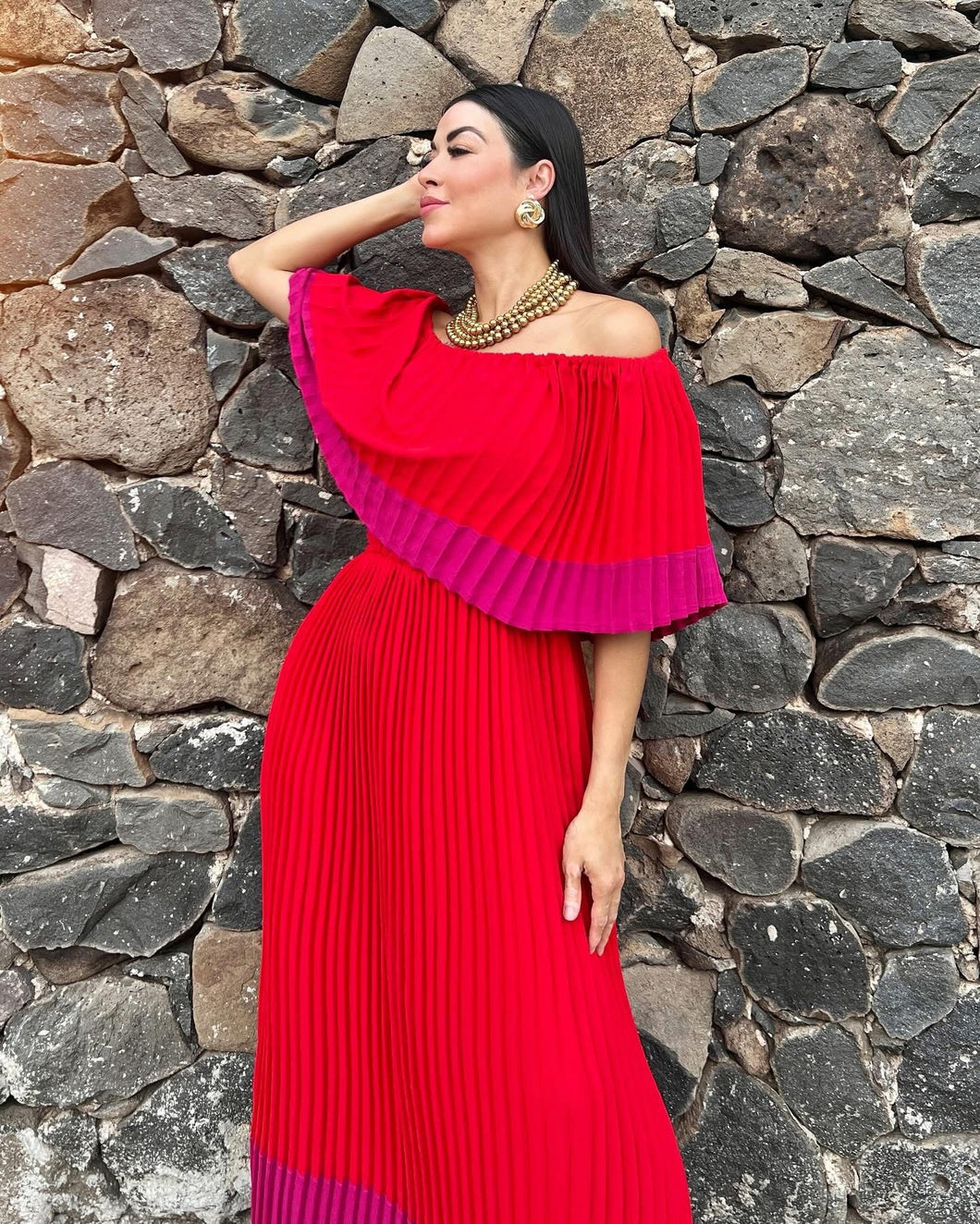 Maxi vestido plisado bicolor