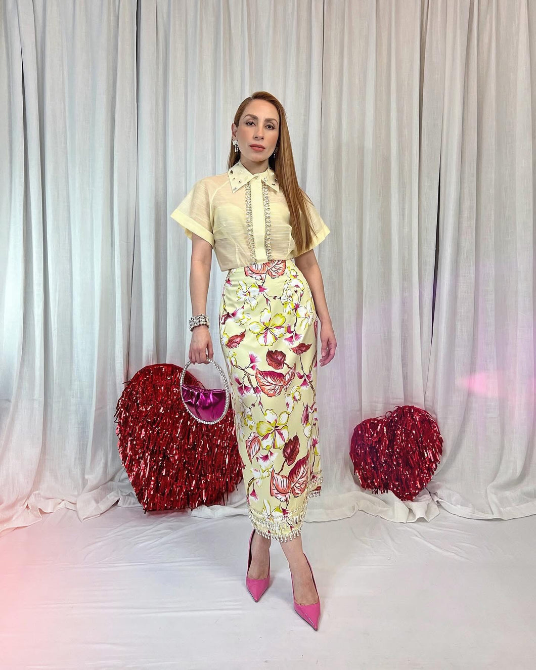 Falda midi floral amarilla