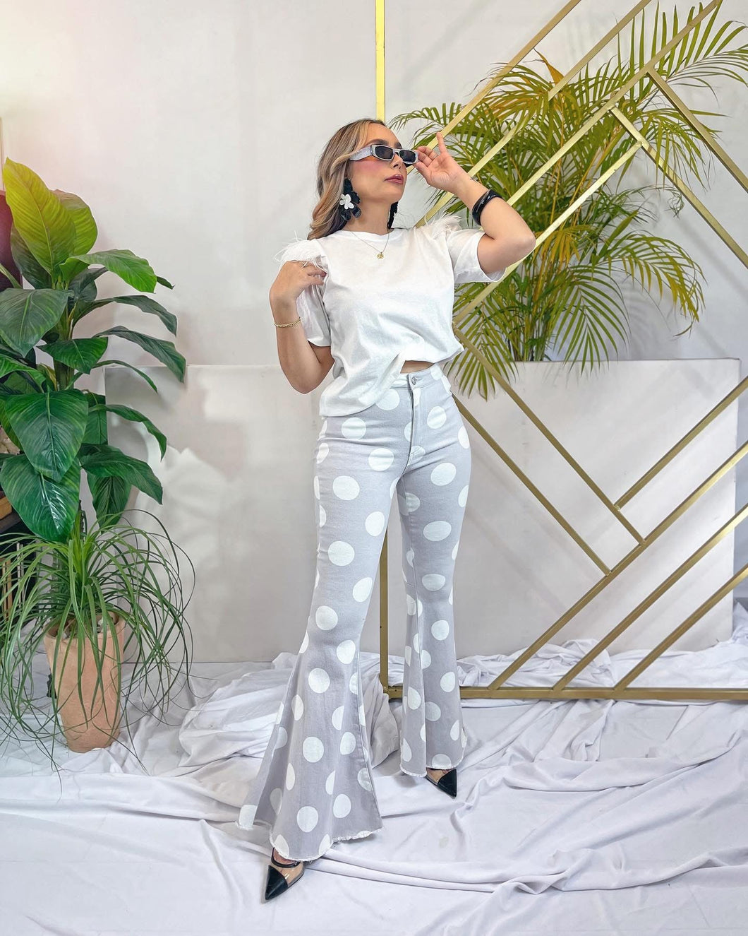 Pantalon denim lunares campana