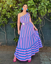 Cargar imagen en el visor de la galería, Vestido un hombro rayas azul &amp; rosa
