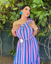 Cargar imagen en el visor de la galería, Vestido un hombro rayas azul &amp; rosa
