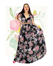 Cargar imagen en el visor de la galería, Maxi vestido negro floral rosa
