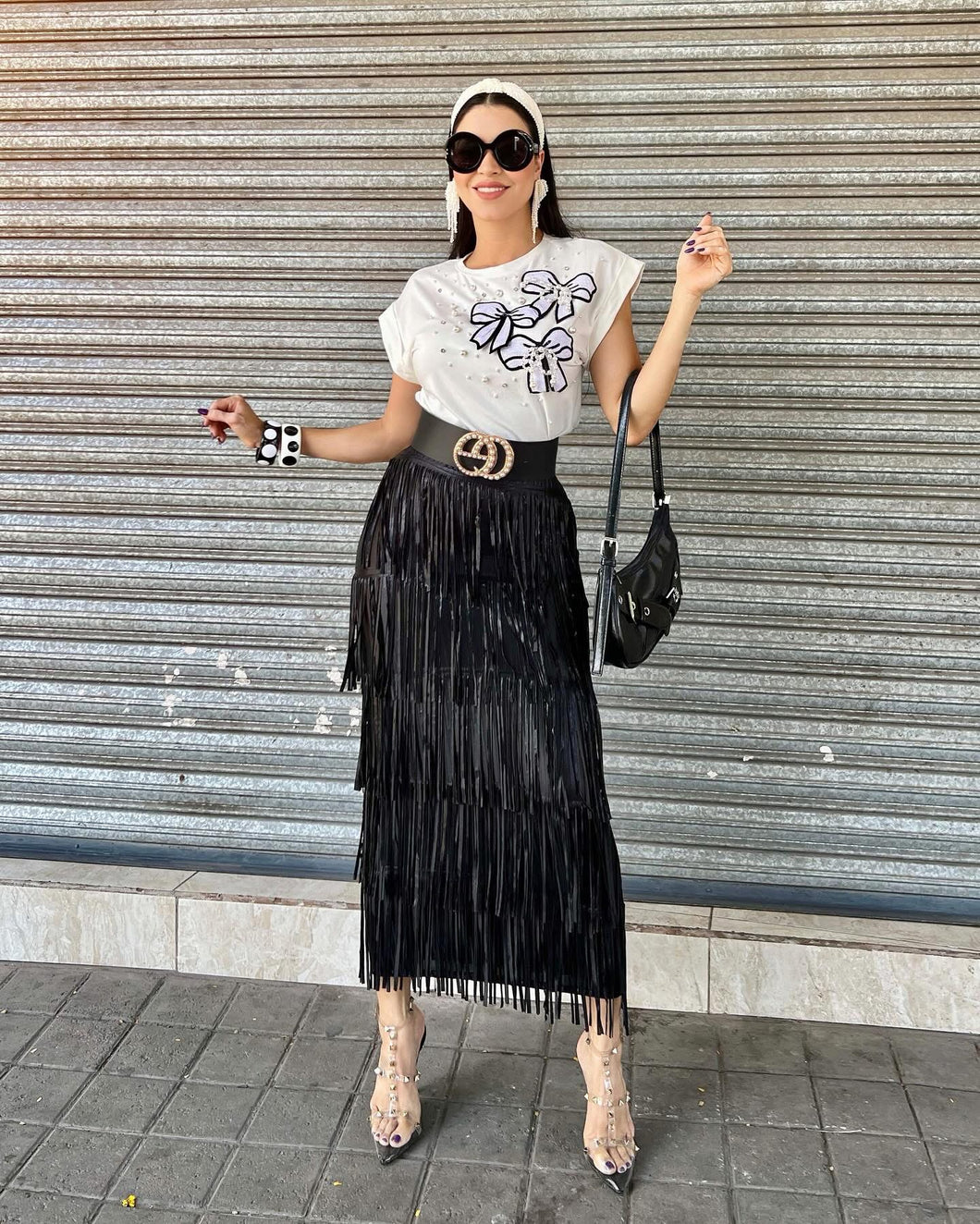 Falda flecos negra midi