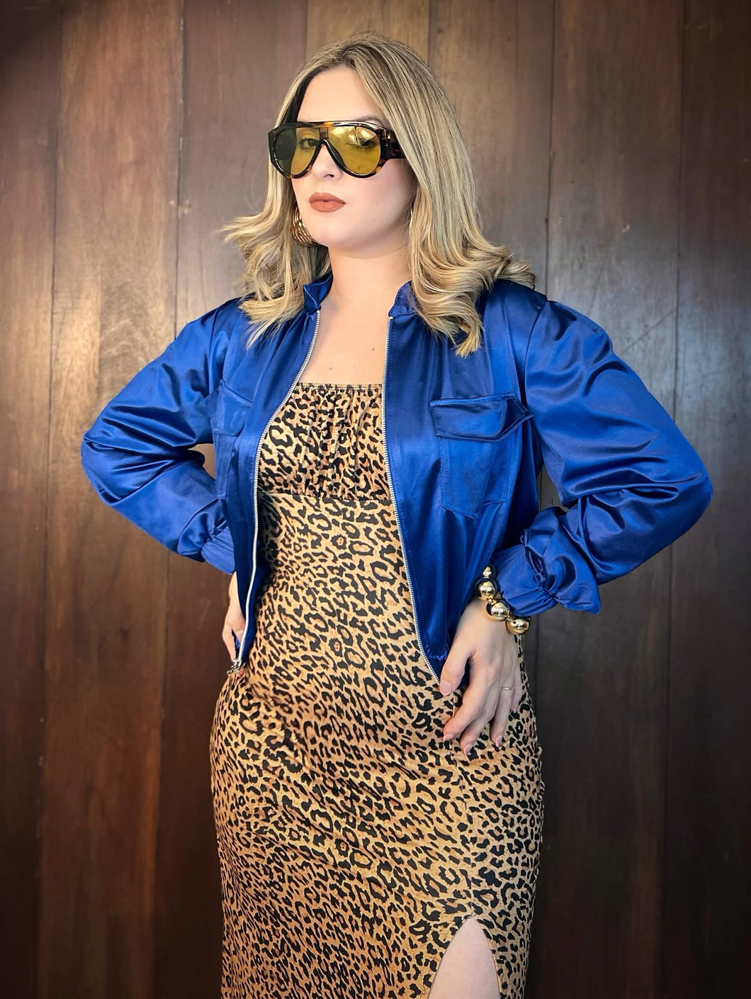 Chamarra bomber saten azul