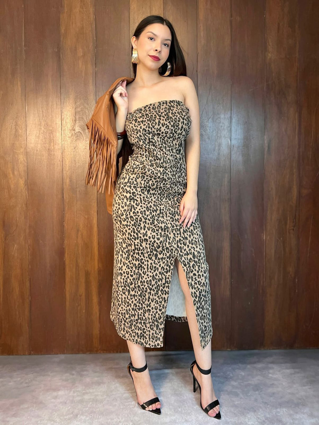 Vestido midi denim animal print